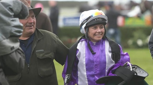 Sam Wynne is congratulated by trainer Tommy Beckett after the pair combined for victory in the Listed Riverton Cup with Miss Three Stars, April 2015