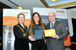 Ann Keogan, Equine and Training Manager, receiving the South Dublin Community Endeavour Social Inclusion Award 2015 from the Mayor of South Dublin, Sarah Holland and the Senior Community Officer, Paul McAlerney